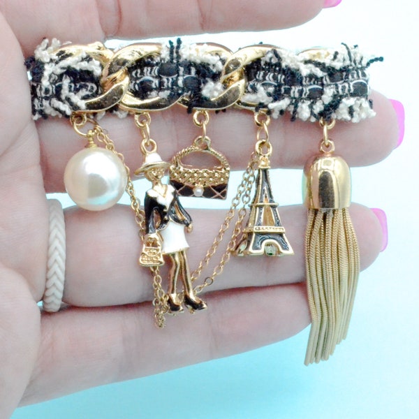 Parisian Brooch Pin - Black and White on Gold - Paris Themed Fashion Brooch