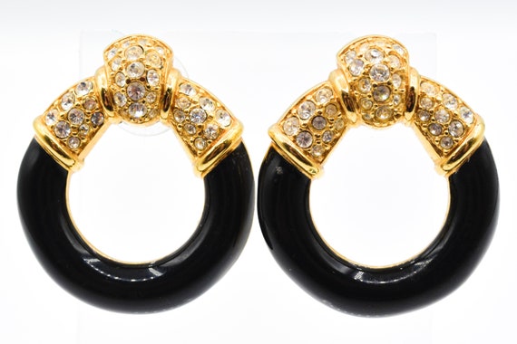 Fancy Swarovski Crystal Studs in Black and Gold -… - image 1