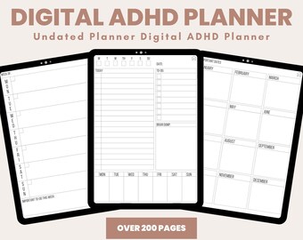 Op de afbeelding: Een digitale planner voor mensen met ADHD. De planner is niet gedateerd en bevat secties voor kalender en planning, financiën, gezondheid en welzijn, doelen, maaltijdplanning, notitieboekjes en meer. Hij is compatibel met GoodNotes en andere PDF-annotatie-apps. De planner heeft meer dan 200 pagina's en is direct te downloaden.