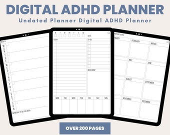 Op de afbeelding: Een digitale planner voor mensen met ADHD. De planner is niet gedateerd en heeft meer dan 200 pagina's. Hij bevat secties voor kalender en planning, financiën, gezondheid en welzijn, doelen, maaltijdplanning, notitieboekjes en meer. De planner is compatibel met GoodNotes en andere PDF-annotatie-apps. Hij is beschikbaar voor directe download.
