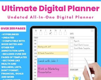 Può includere: Un'app di pianificazione digitale sullo schermo di un tablet con uno stilo. Il planner ha un programma giornaliero con note e liste di cose da fare. Lo schermo mostra un programma per la giornata con appuntamenti come "Incontro con Jeff", "Presentazione generale", "Pranzo con Julie", "Lavorare alla presentazione di marketing" e "Cena romantica". Il planner include anche una sezione di scarico del cervello con il testo "You Can Do It".