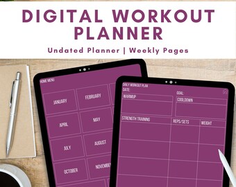 May include: A digital workout planner with a purple background. The planner has a home menu with months of the year, a daily workout plan with sections for warm-up, strength training, cardio training, reps/sets, weight, time/duration, and target heart rate.