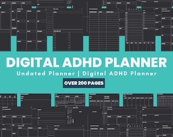 Pode incluir: Um planejador digital projetado para pessoas com TDAH. O planejador não é datado e tem mais de 200 páginas. O planejador apresenta uma variedade de layouts, incluindo calendários mensais, distribuições semanais, registros diários e rastreadores de hábitos. O planejador é preto e branco com uma borda turquesa.