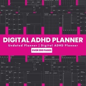 May include: A digital planner designed for people with ADHD. The planner is undated and has over 200 pages. The planner is black and white with a pink background. The planner includes pages for daily, weekly, and monthly planning, as well as pages for goal setting, habit tracking, and more.