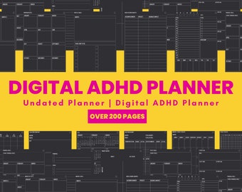 Pode incluir: Planeador digital para TDAH com fundo amarelo e preto. O texto "DIGITAL ADHD PLANNER" é rosa, com "Undated Planner | Digital ADHD Planner" abaixo. As palavras "OVER 200 PAGES" estão em uma faixa verde.