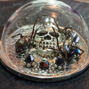 Puede incluir: Un amuleto de calavera de plata con dos arañas negras encerradas en una cúpula de vidrio. La cúpula está colocada sobre una base de plata con un patrón decorativo y diamantes de imitación negros.