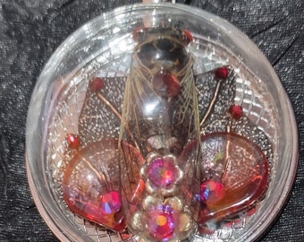 Real Cicada Pendant Necklace Preserved True Red Eyes Bug On Glass leaves Tinted Red And Flowers Brightened By AB Siam Crystal Rhinestones