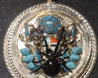 Echte Schwarze Witwe Spinne Halskette Türkis & Sterling Silber Zuni Sunface Swarovski Kristall Blumen Southwestern Schmuck Gothic Mode