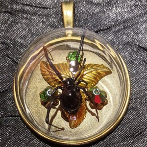 May include: A black spider with long legs is encased in a round glass pendant. The pendant is made of brass and has a gold-colored leaf design. The spider is surrounded by green and red gemstones.