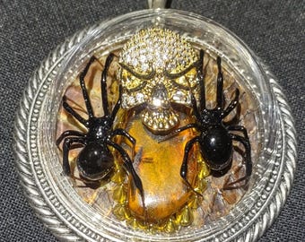 2 Echte Schwarze Witwe Spinnen Anhänger Halskette Echter Bernstein Anhänger Crystal Pave Schädel Einzigartige Statement Schmuck