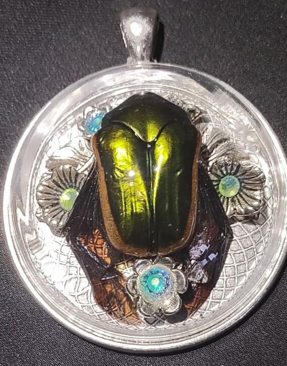 Real Green June Bug Pendant Necklace Floral Jewelry Crystal