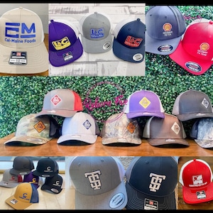 Custom embroidered Richardson 112 or Yupoong 6606 snapback trucker hats, bulk order, design your own hat/cap with your logo, school or brand