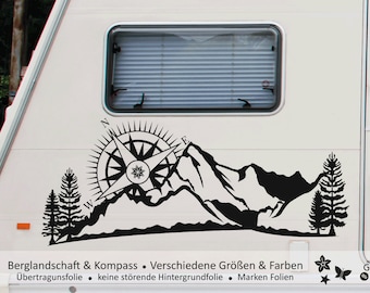 Mountain landscape with compass | Motorhome caravan sticker | Camping vacation car & more - Self-adhesive
