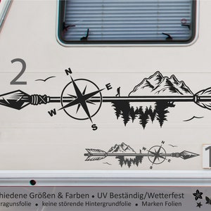 Diseño de flecha con brújula, montañas, bosques, excursionistas, pájaros, oso. Pegatinas para autocaravanas y caravanas | Camping Vacaciones Coche y más - Autoadhesivo