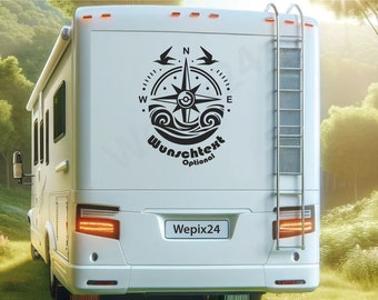 Kompassrose | Wohnmobil Camping Aufkleber | Wandtattoo | Windrose Wohnwagen Auto & Mehr - Selbstklebend Personalisieren | Wunschtext