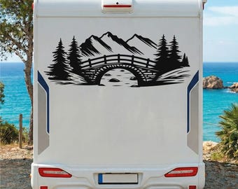 Mountain landscape with river and bridge | Motorhome caravan stickers | Camping holiday car & more - Self-adhesive