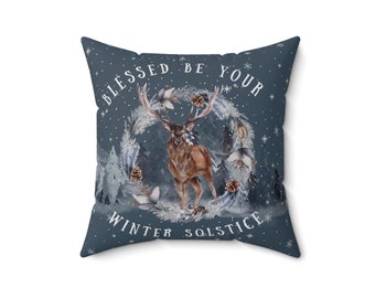 Winter Solstice Stag Pillow Cover, Watercolor Yule Home Decor