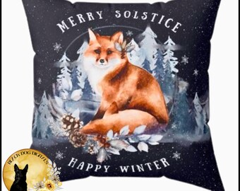 Winter Solstice Fox Pillow, Watercolor Yule Home Decor