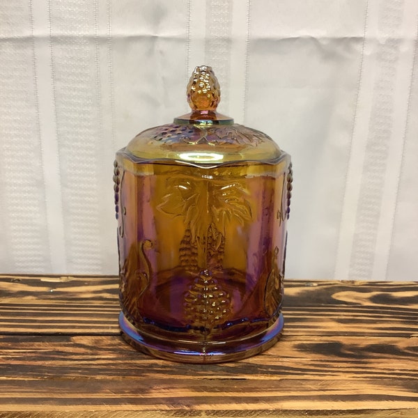 Vintage Indiana Glass Amber Carnival Glass Biscuit Jar. Covered Candy Dish or Small Canister Jar.