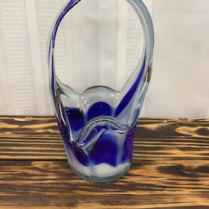 Vintage Cobalt Blue Basket. Handblown Cobalt & White Glass Basket.