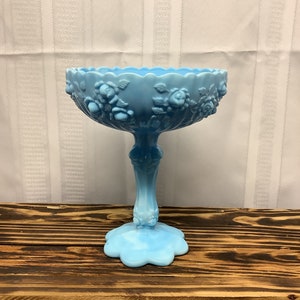 Vintage Fenton Cabbage Rose Blue Swirl Milk Glass Pedestal Compote Bowl