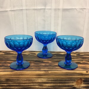 Vintage Fenton Colonial Blue Thumbprint Champagne/Coupe Glasses. Set of 3.