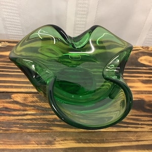 Vintage Art Glass Forest Green Footed Decorative Bowl.