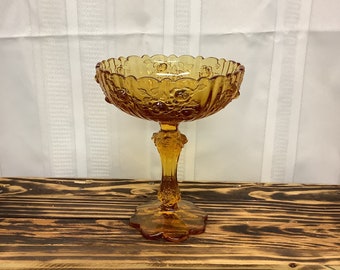 Vintage Amber Fenton Cabbage Rose-Colonial Rose-Pedestal Compote Candy Dish - Raised Roses Design.