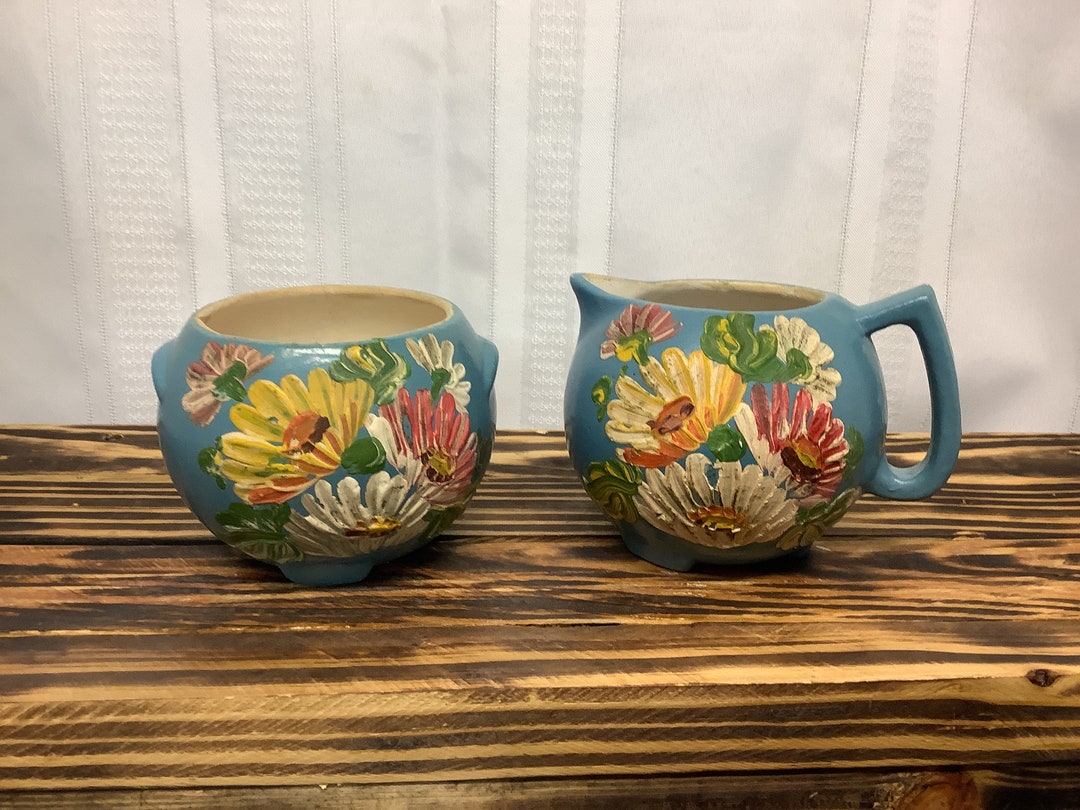 Vintage Sky Blue Ransburg Pottery Cream and Sugar Bowl Set Painted Road hand Painted Flowers Etsy