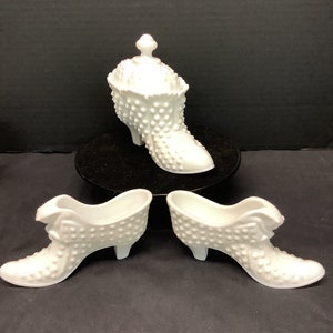 Vintage Fenton Hobnail Milk Glass Cat Shoes. Lidded Shoe or Slipper. All are Marked on Bottom. Choice. image 1