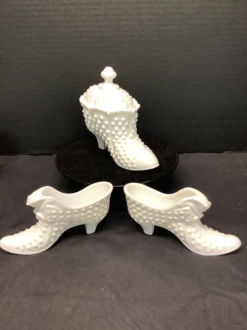 Vintage Fenton Hobnail Milk Glass Cat Shoes. Lidded Shoe or Slipper. All are Marked on Bottom. Choice. image 1