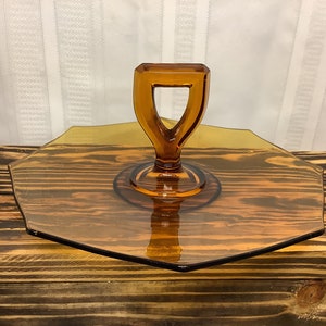 Vintage Amber Glass 10” Tidbit Sandwich Snack Serving Tray with Center Handle Fall & Autumn Decor Glass