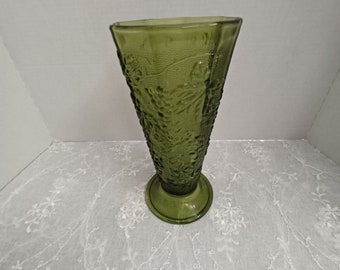 Vintage Avocado Green Footed Vase, Embossed Grapes and Leaves, 9" Tall
