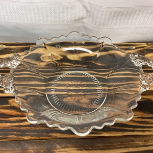 Vintage Pressed  Clear Glass Candy Bowl with Two Handles