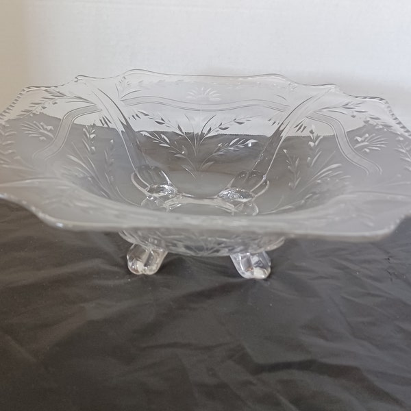 Vintage Elegant Glass Bowl Cambridge 4 Toed Flared Elegant Etched Glass Floral Pattern Bowl-Footed Bowl-Centerpiece-Décor