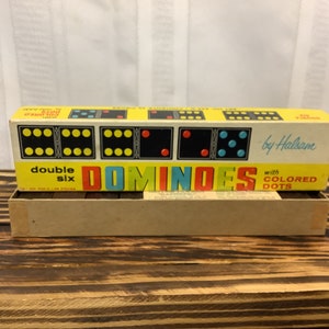 Vintage Halsam Double Six Wooden Dominoes with Colored Dots and Original Box & Instructions Set 622-c