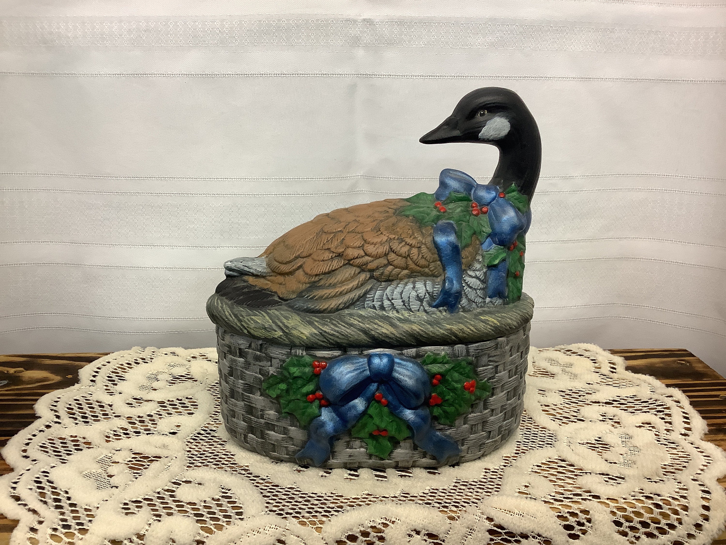Vintage Ceramic Goose-Duck with Christmas Holly, Blue Ribbon, nesting on a Basket Covered Dish