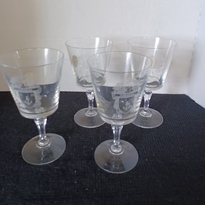 Vintage Varaksa Crystal Wine Glasses. Stemmed Glasses. White Etched Artwork. 6.5&quot; Tall. &quot;Varaksa&quot; Coat of Arms. Lead Crystal. Set of 4.