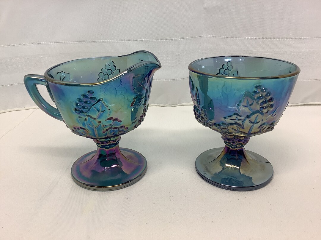 Vintage Blue Carnival Glass Creamer & Sugar Set. Indiana Glass