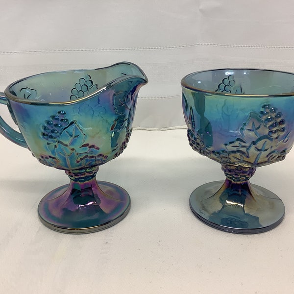 Vintage Blue Carnival Glass Creamer & Sugar Set. Indiana Glass Iridescent Set.