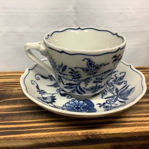 Blue Danube Tea Cup and Saucer. Blue Onion Pattern. Early Ribbon Stamp.