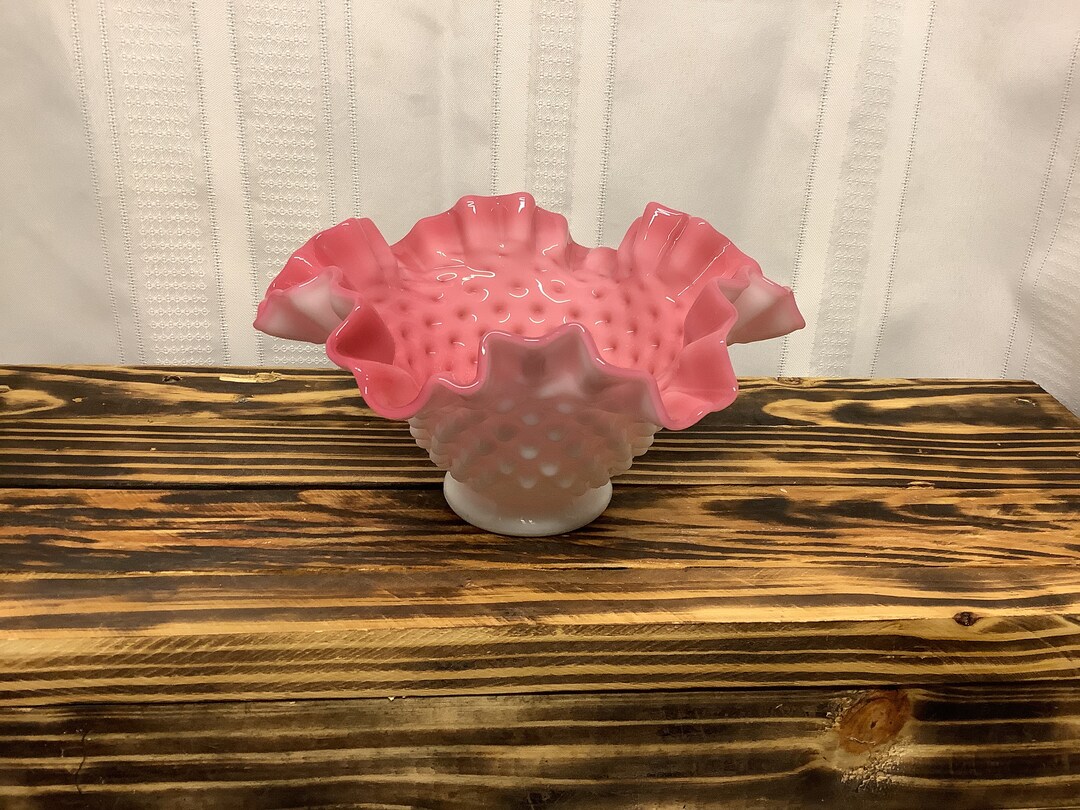 Vintage Fenton Hobnail Pink and White Ruffled Milk Glass Basket/ Bowl ...