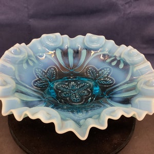 Vintage Jefferson Blue Opalescent Bowl. &quot;Meander&quot; Pattern. Blue Opalescent Ruffled Fluted Bowl. Three Footed Ornate Blue Ruffled Bowl.