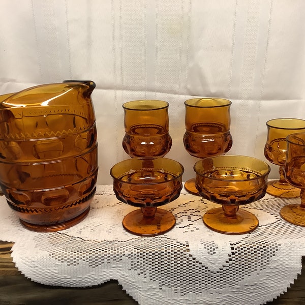 Vintage Amber Kings Crown Thumbprint Pressed Glass Pitcher/Cordial Glasses/Wine Glasses OR Dessert Glasses. Choice.