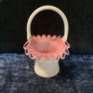 Fenton Basket. Pink and White Milk Glass. Ruffled Top Fenton Basket With Silvercrest Edges.