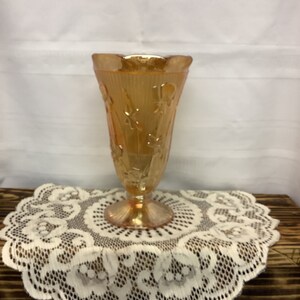 Vintage Jeanette Glass Iris and Herringbone Carnival Peach Vase. Marigold Iridescent. Carnival Glass Vase.