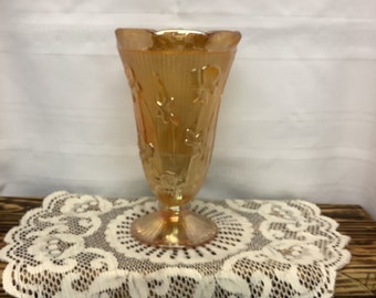 Vintage Jeanette Glass Iris and Herringbone Carnival Peach Vase. Marigold Iridescent. Carnival Glass Vase.