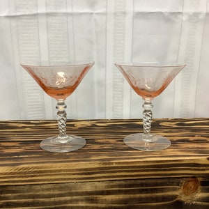 Vintage Pink & Clear Cut Floral Pattern Rare Monongah Glasses-Martini Glasses -Set of 2-Read Below
