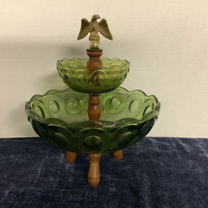 Vintage Bartlett Collin Manhattan Two Tier EAPG Pattern Bowl. Dark Forest Green.