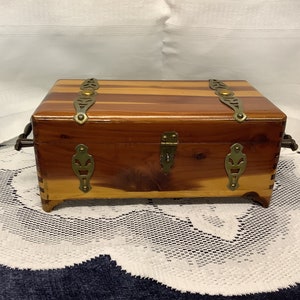 Vintage Wooden Cedar Trinket Box - Treasure Chest/Box- With Decorative Brass hardware and handles